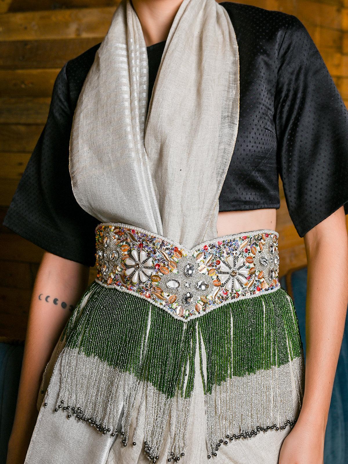 White Pearl , Green And Rhinestone Velvet Base Belt - Rajwada