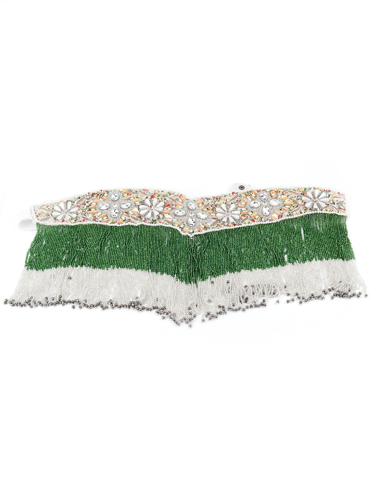 White Pearl , Green And Rhinestone Velvet Base Belt - Rajwada