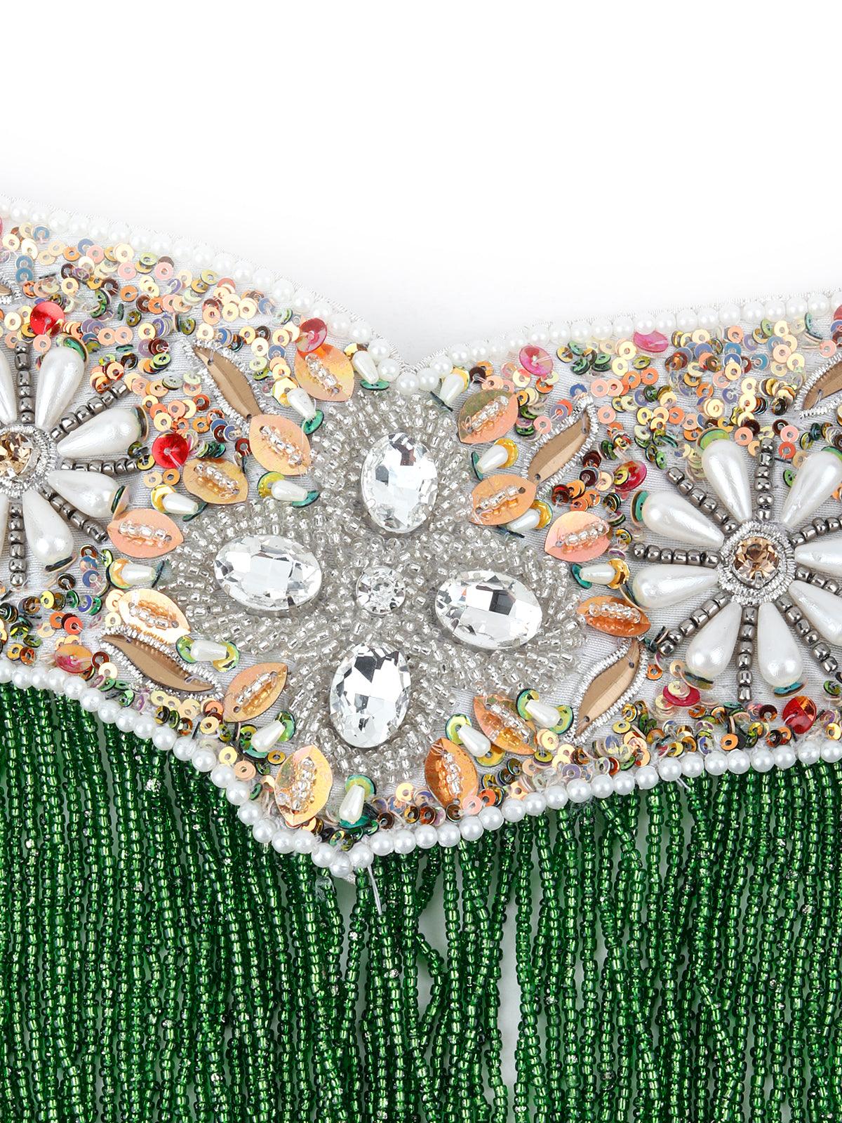 White Pearl , Green And Rhinestone Velvet Base Belt - Rajwada