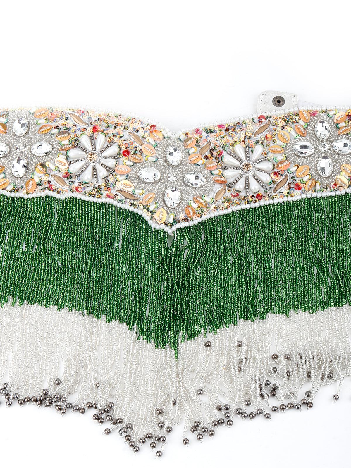 White Pearl , Green And Rhinestone Velvet Base Belt - Rajwada