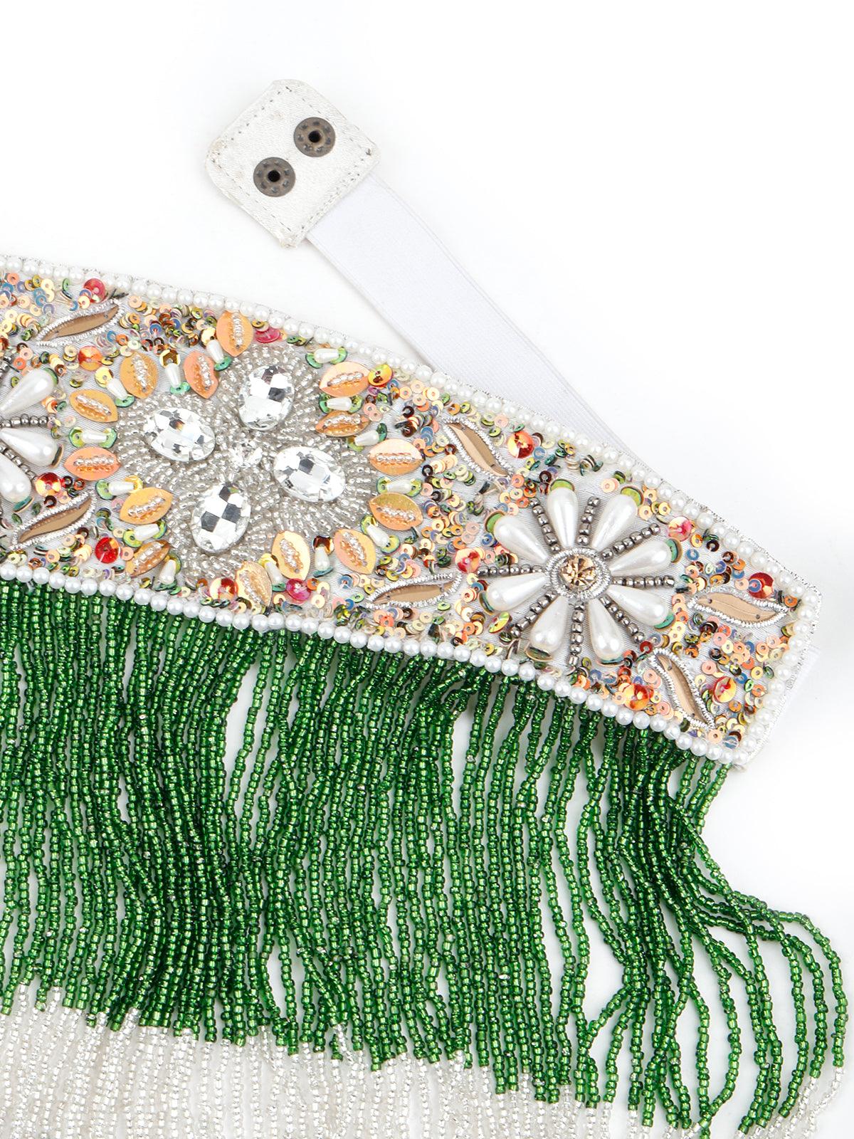White Pearl , Green And Rhinestone Velvet Base Belt - Rajwada