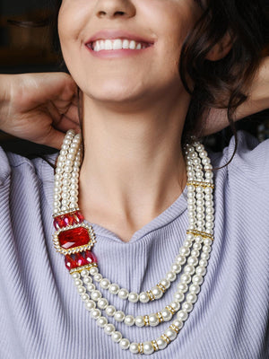 White Pearl Multi String Brooch Necklace - Rajwada