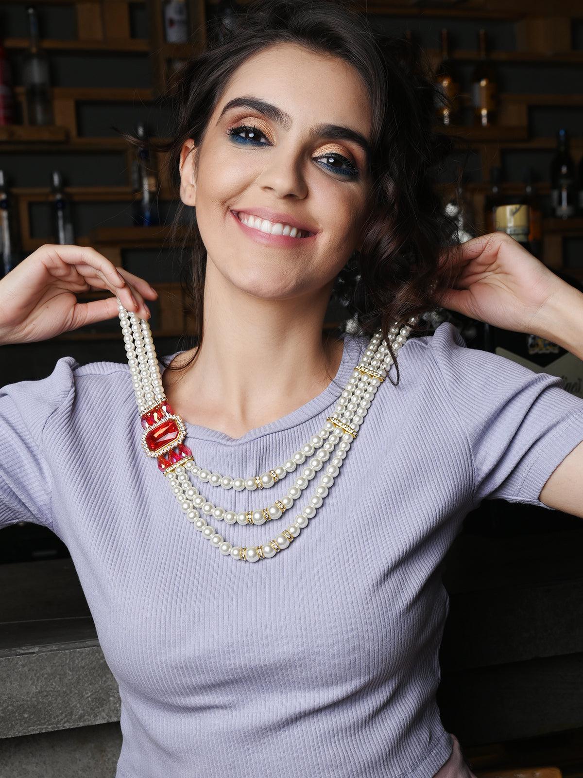 White Pearl Multi String Brooch Necklace - Rajwada