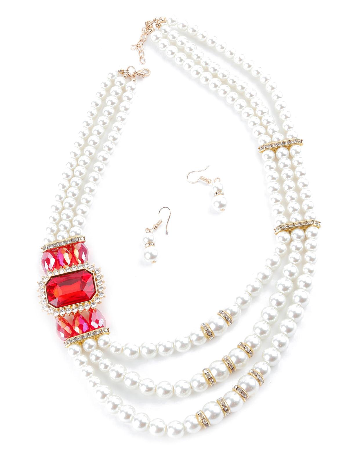 White Pearl Multi String Brooch Necklace - Rajwada