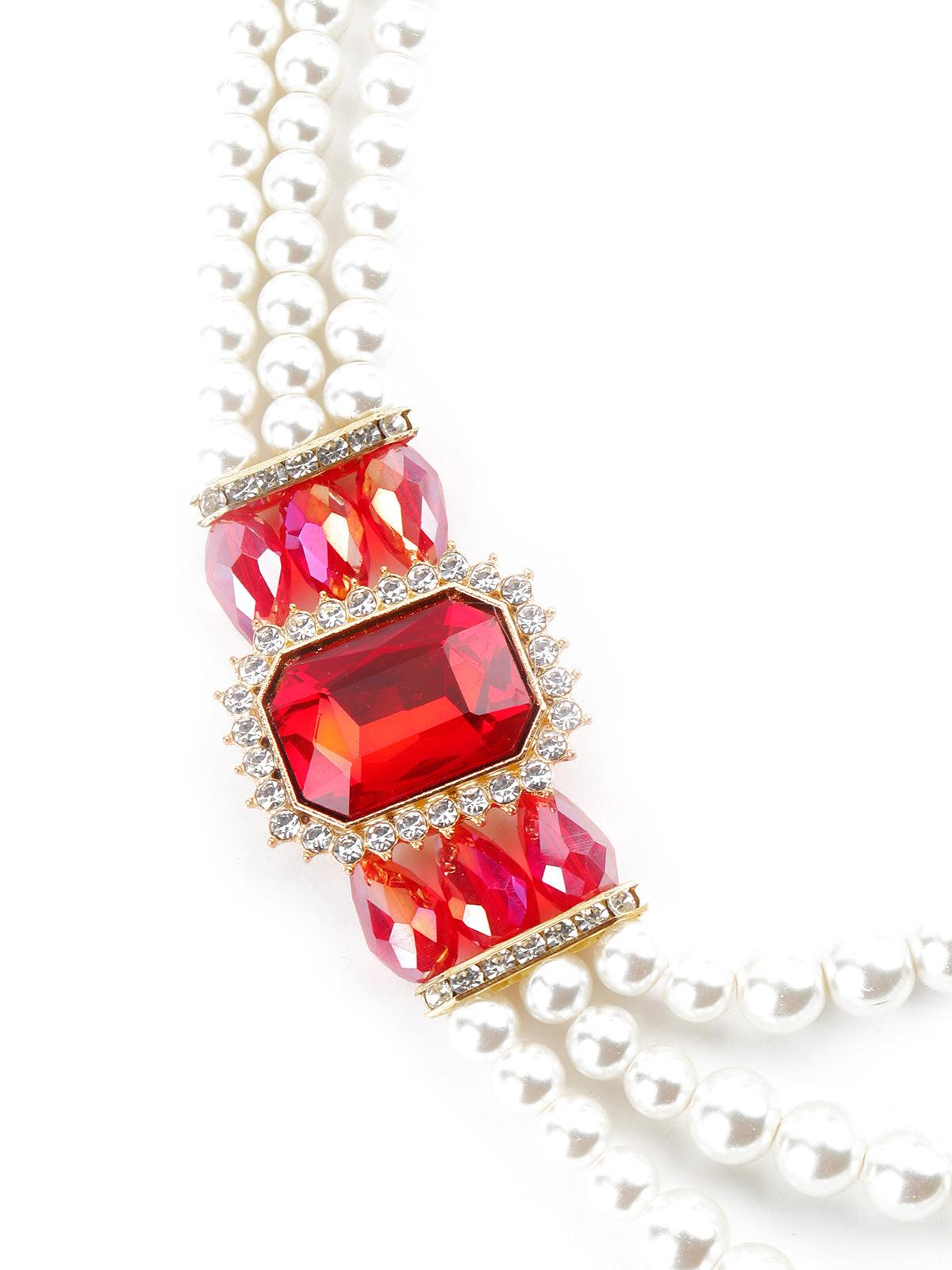 White Pearl Multi String Brooch Necklace - Rajwada
