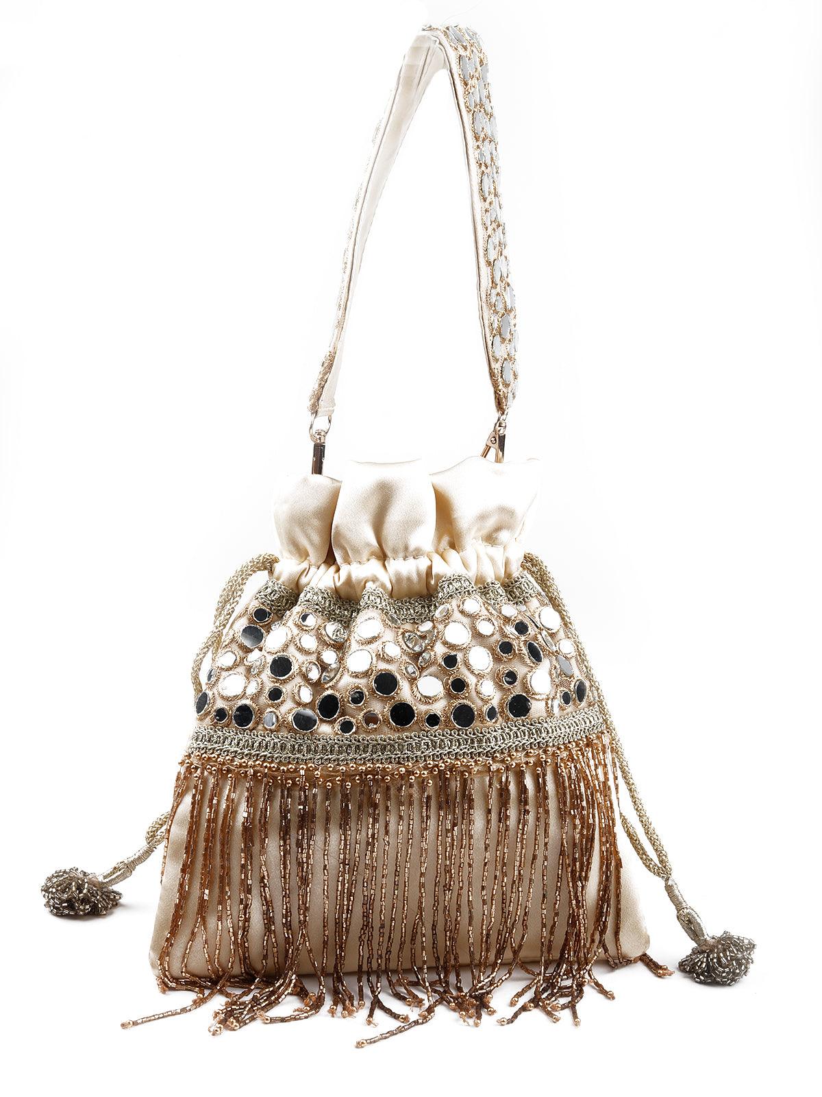 White stunning tassel beaded potli bag - Rajwada