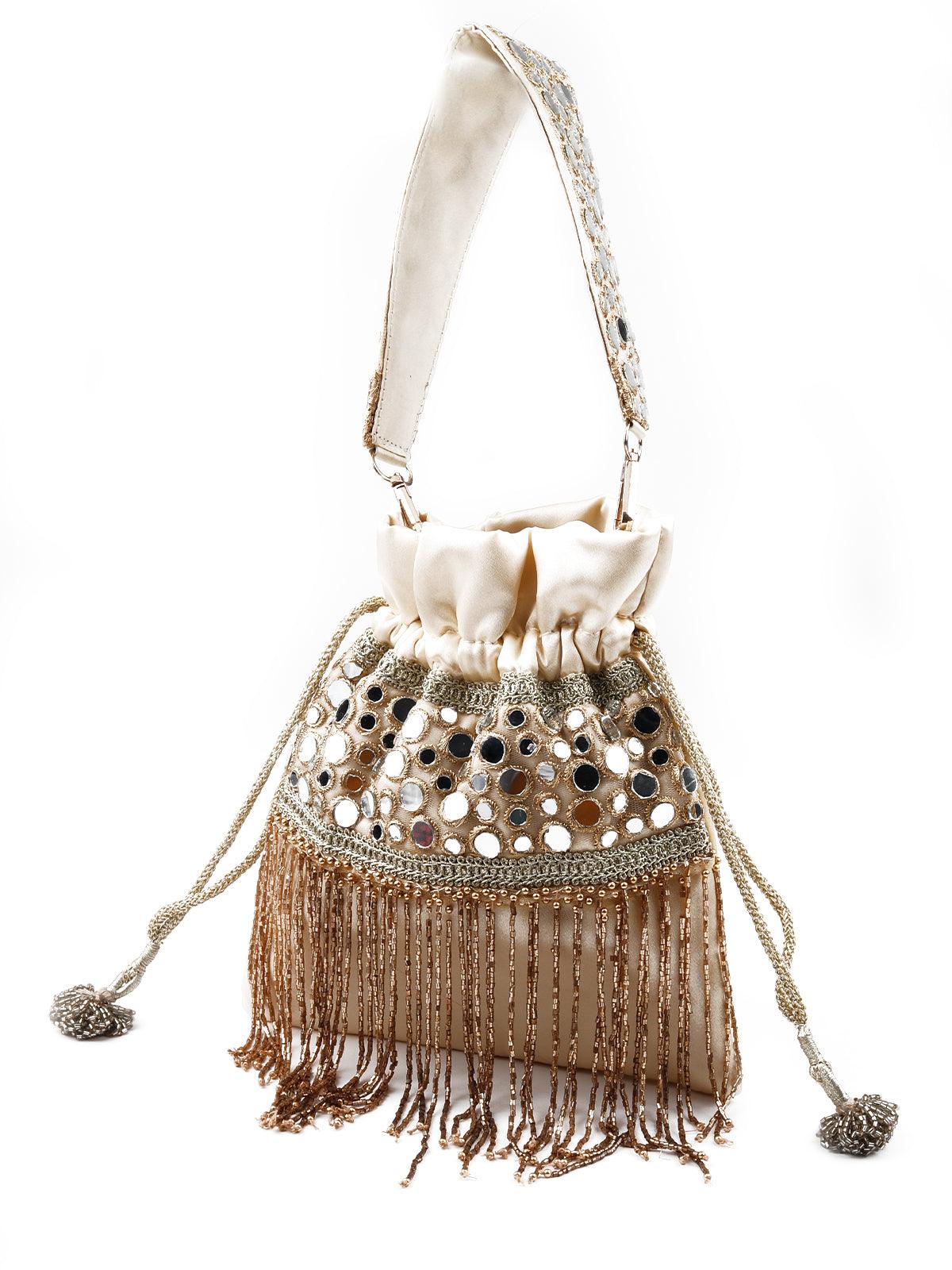 White stunning tassel beaded potli bag - Rajwada