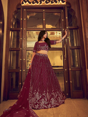 Wine Faux Georgette Designer Lehenga Choli - Rajwada