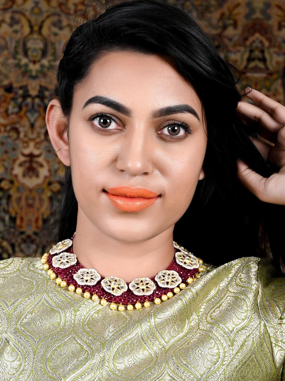 Wine Pink Onyx-Pearl-Kundan Necklace! - Rajwada