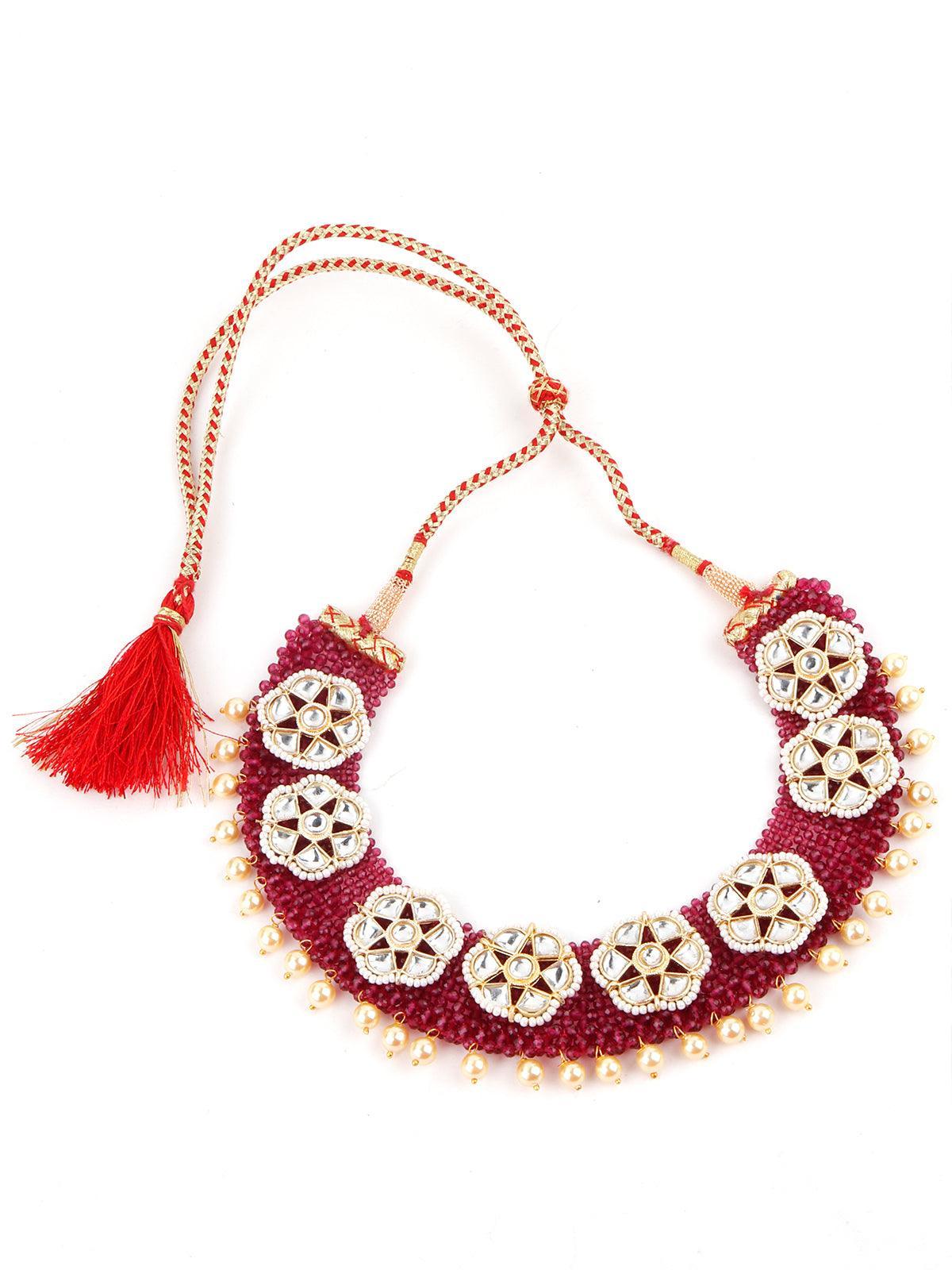 Wine Pink Onyx-Pearl-Kundan Necklace! - Rajwada