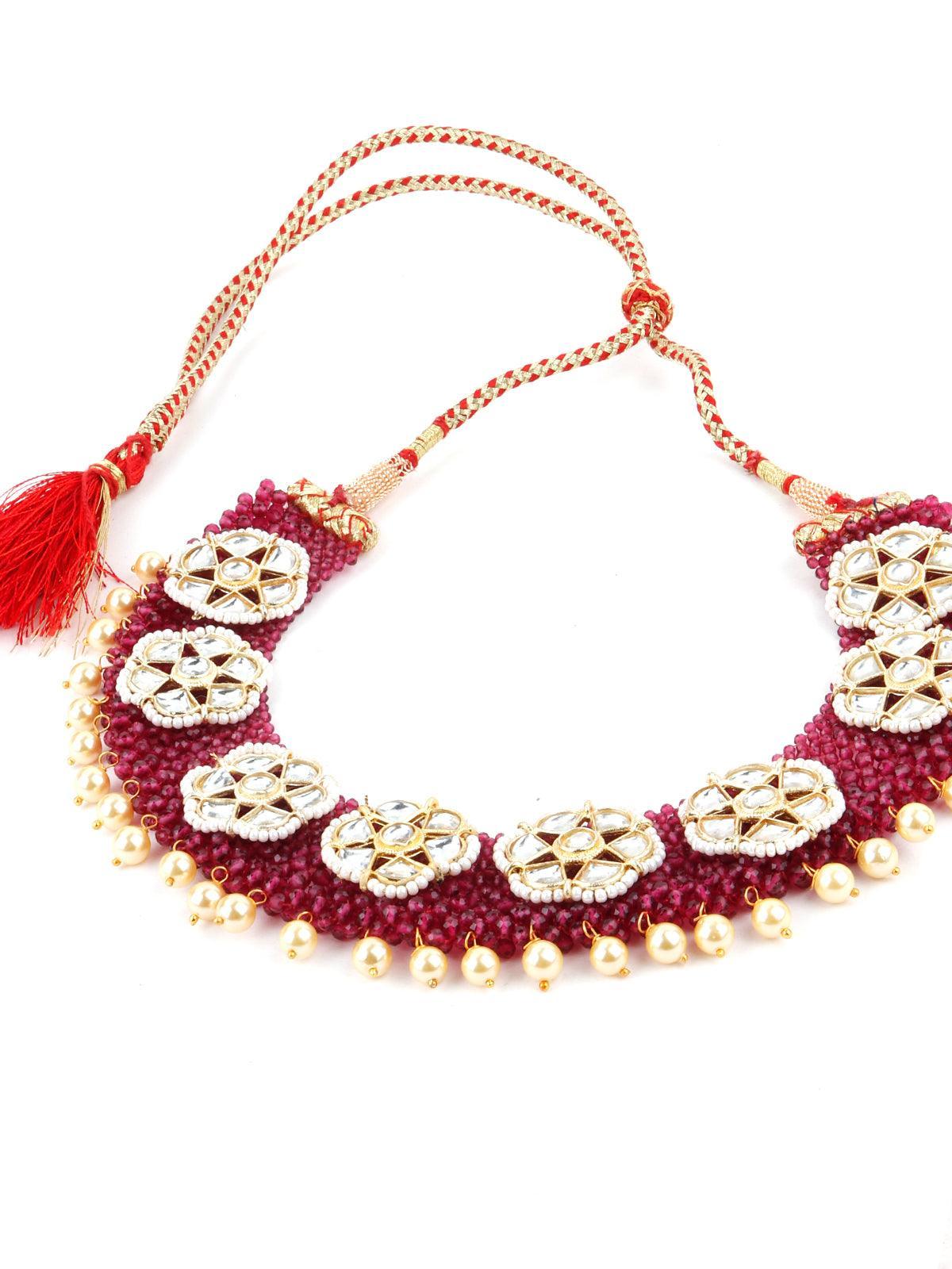 Wine Pink Onyx-Pearl-Kundan Necklace! - Rajwada