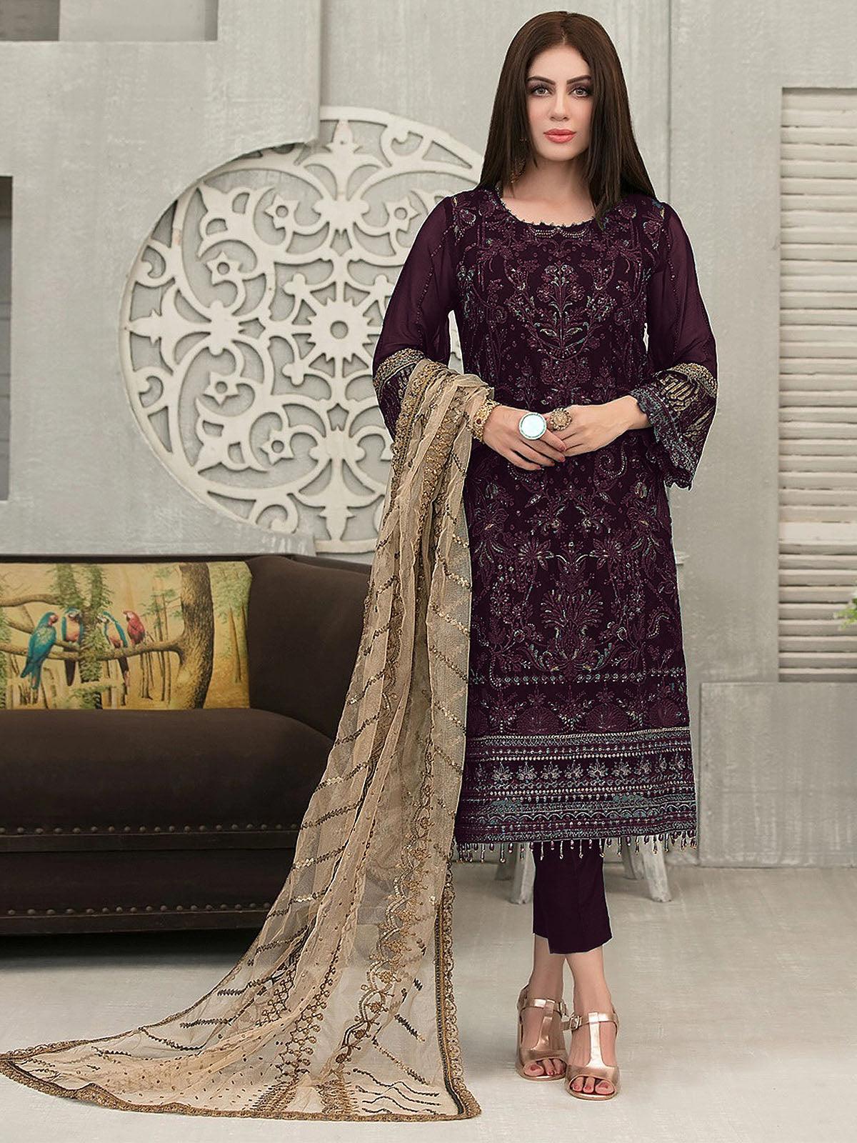 Wine Women Embroidered Salwar Suit Set - Rajwada