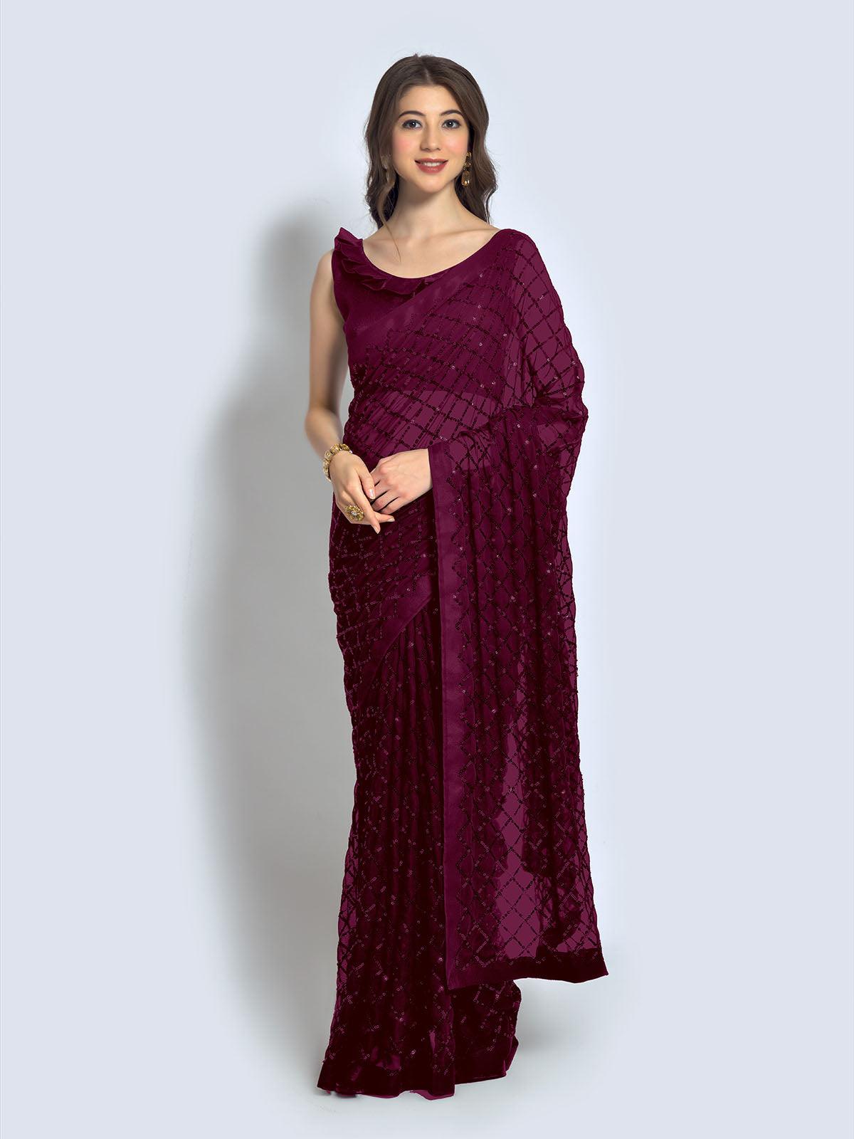 Wine Women's Designer Sequins Saree - Rajwada