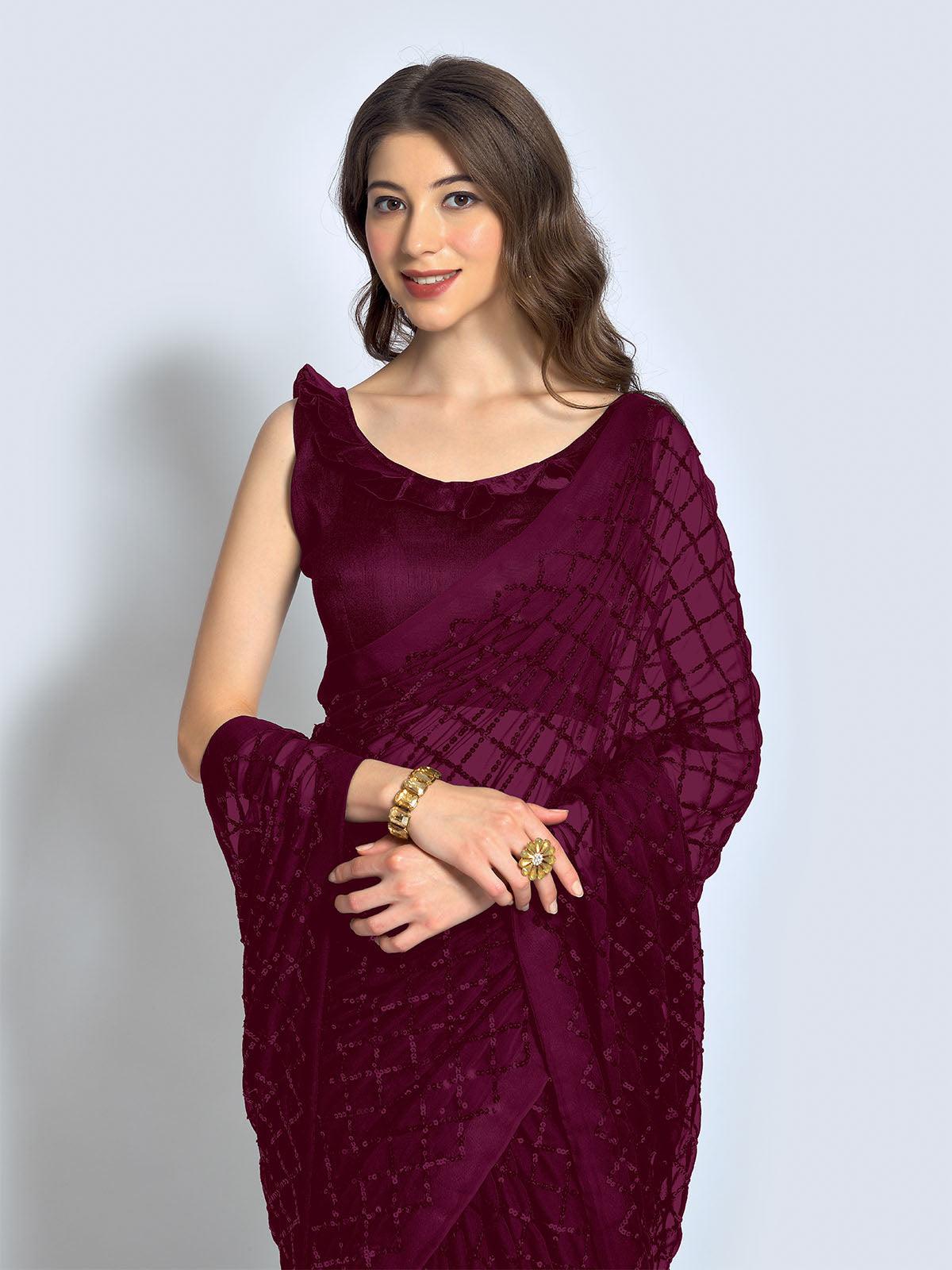 Wine Women's Designer Sequins Saree - Rajwada