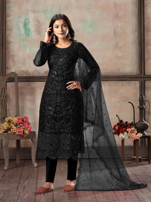Women's Black Net Semi Stitched Salwar Suit- - Rajwada