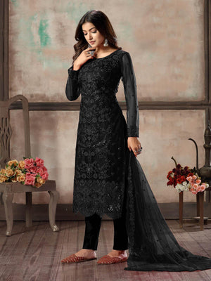 Women's Black Net Semi Stitched Salwar Suit- - Rajwada