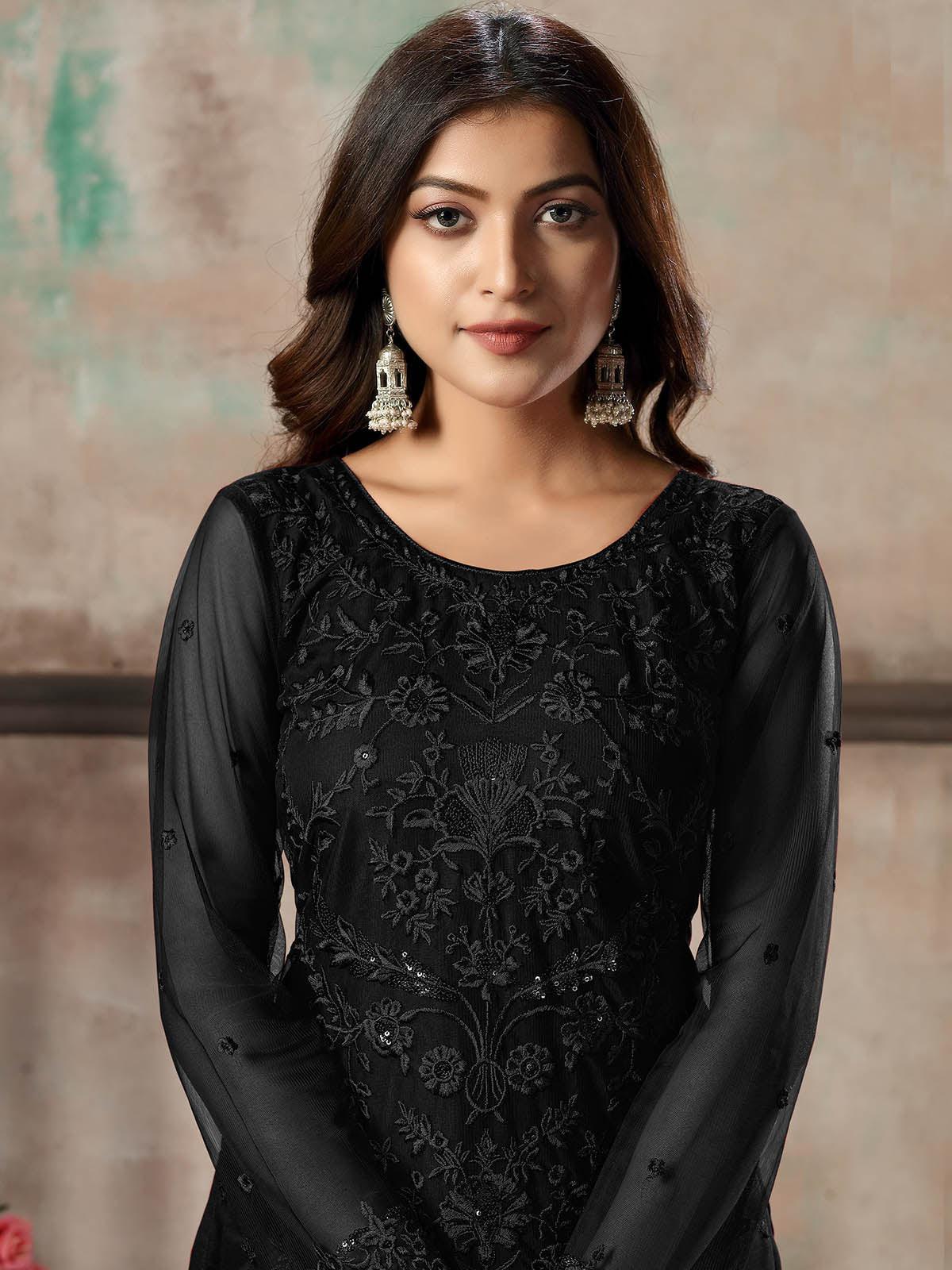 Women's Black Net Semi Stitched Salwar Suit- - Rajwada