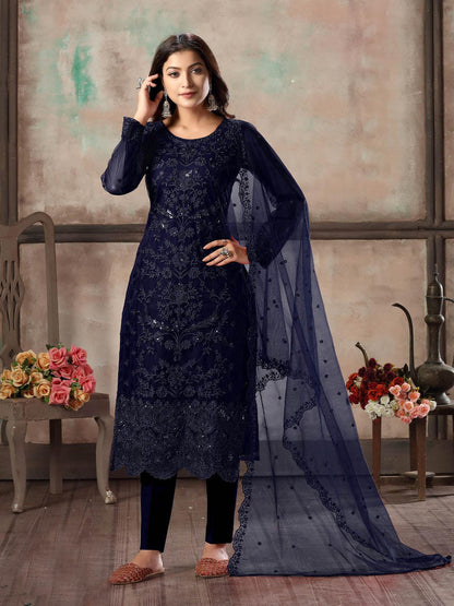 Women's Blue Net Semi Stitched Salwar Suit - Rajwada