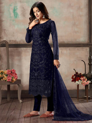 Women's Blue Net Semi Stitched Salwar Suit - Rajwada