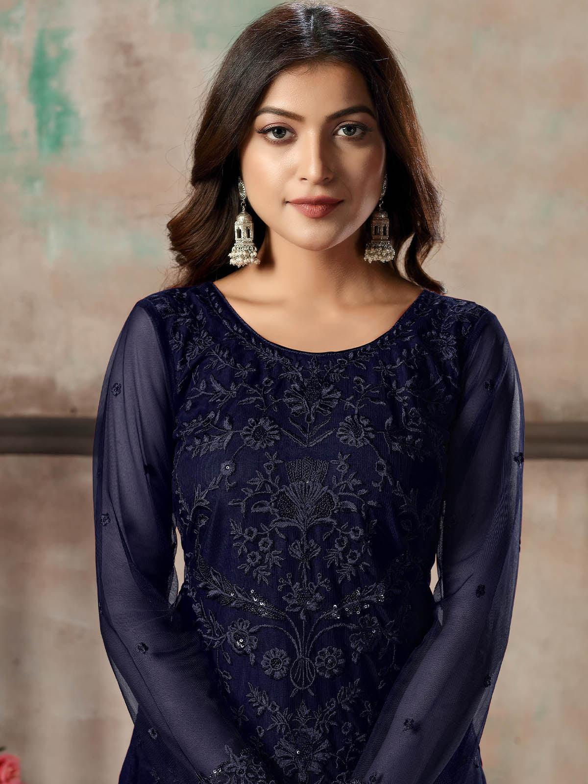 Women's Blue Net Semi Stitched Salwar Suit - Rajwada