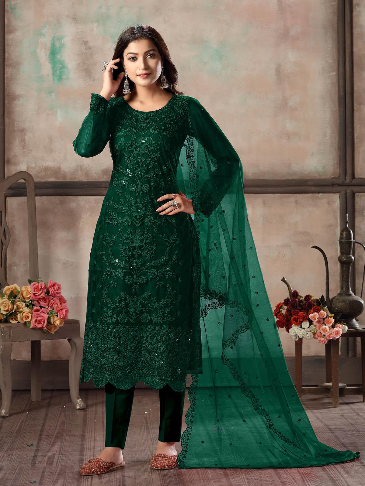 Women's Green Net Semi Stitched Salwar Suit - Rajwada