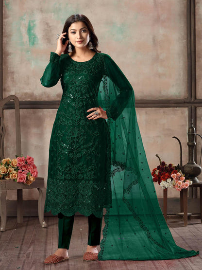 Women's Green Net Semi Stitched Salwar Suit - Rajwada