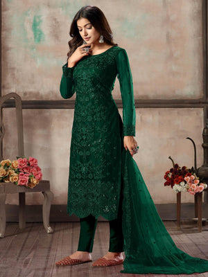 Women's Green Net Semi Stitched Salwar Suit - Rajwada