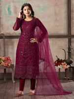 Women's Maroon Net Semi Stitched Salwar Suit - Rajwada