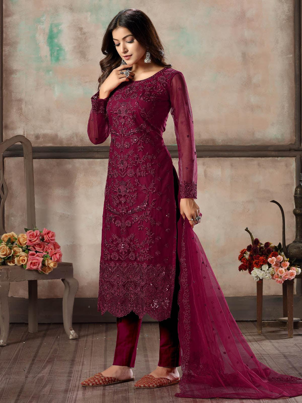 Women's Maroon Net Semi Stitched Salwar Suit - Rajwada