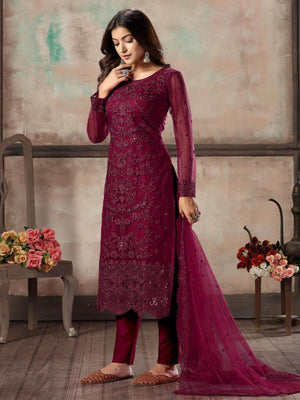 Women's Maroon Net Semi Stitched Salwar Suit - Rajwada