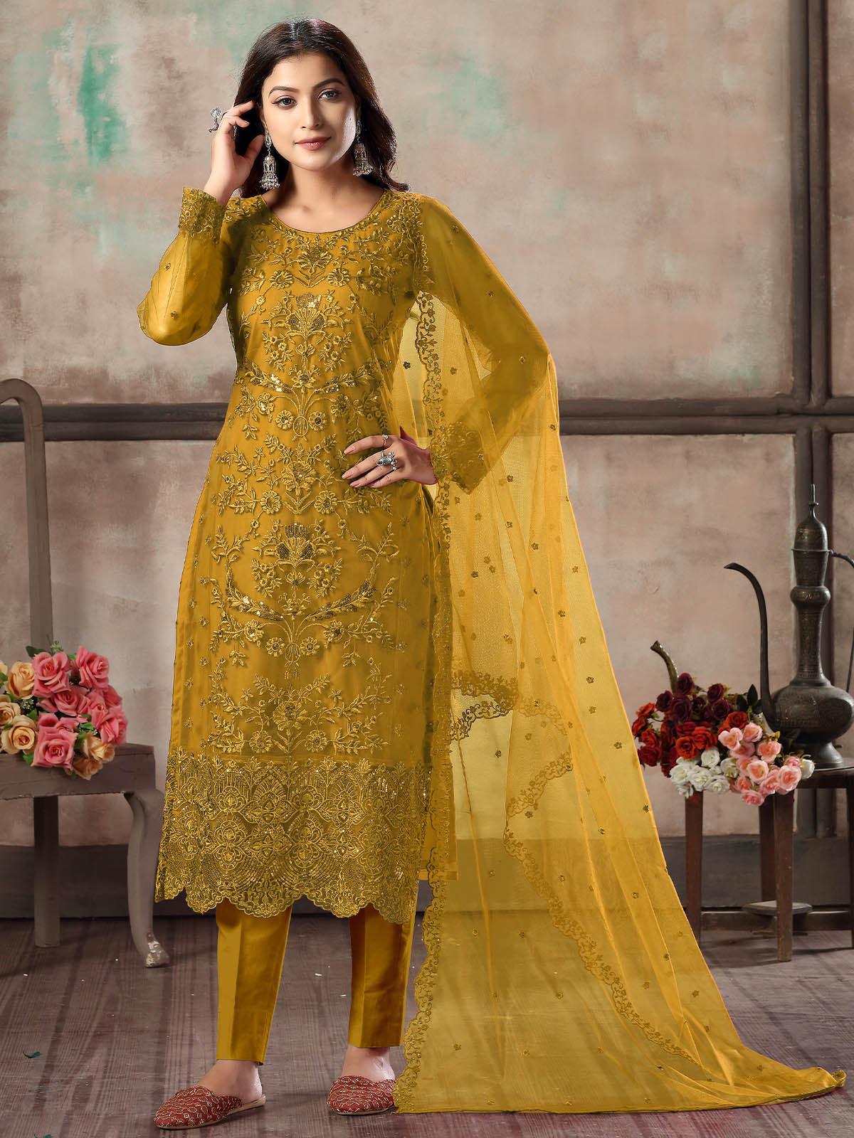 Women's Mustard Net Semi Stitched Salwar Suit - Rajwada