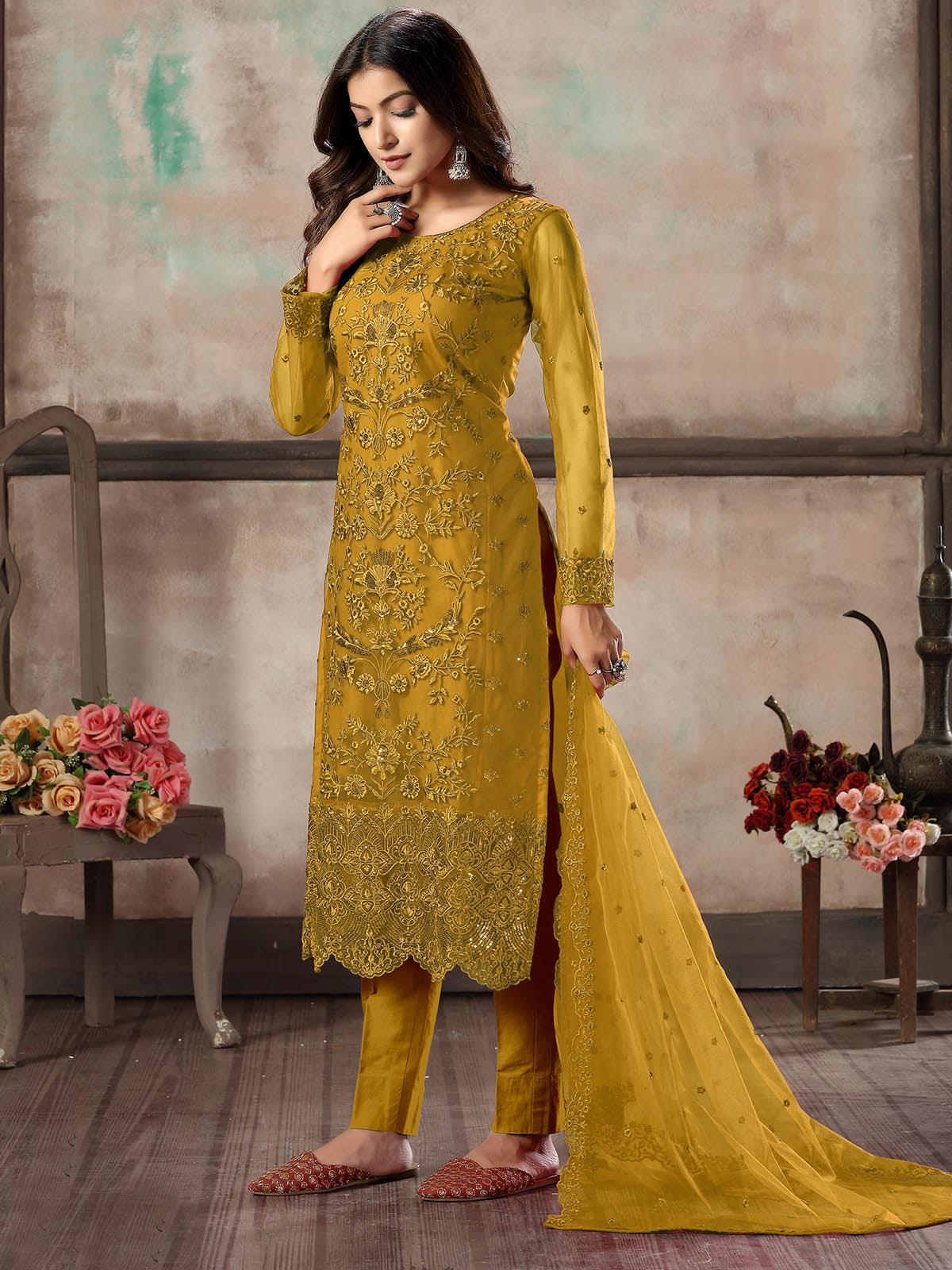 Women's Mustard Net Semi Stitched Salwar Suit - Rajwada