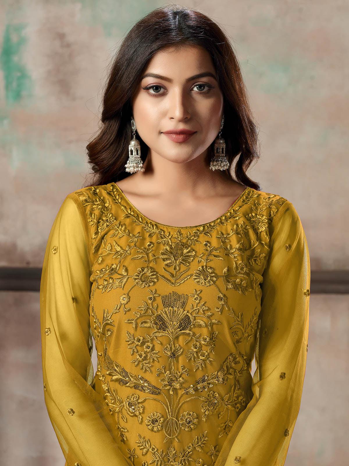 Women's Mustard Net Semi Stitched Salwar Suit - Rajwada
