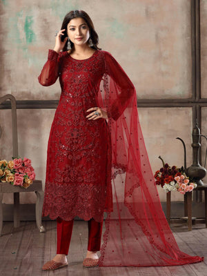 Women's Red Net Semi Stitched Salwar Suit - Rajwada