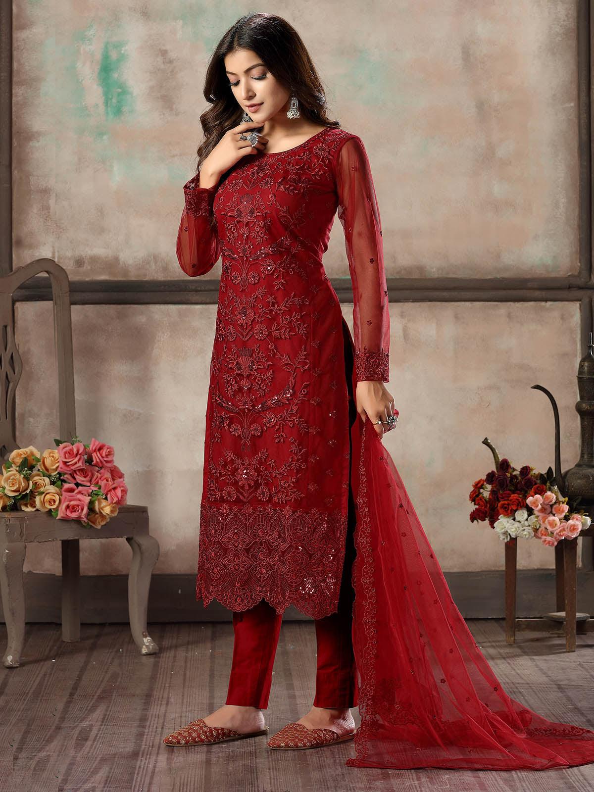 Women's Red Net Semi Stitched Salwar Suit - Rajwada