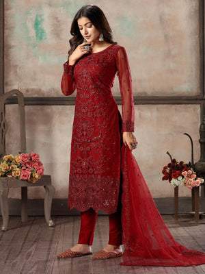 Women's Red Net Semi Stitched Salwar Suit - Rajwada