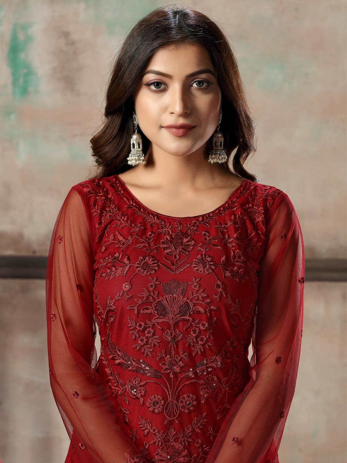 Women's Red Net Semi Stitched Salwar Suit - Rajwada