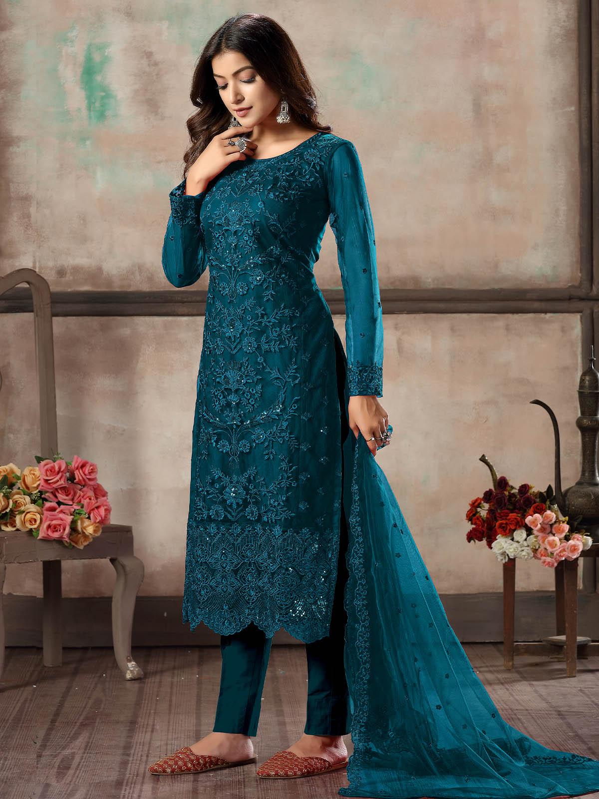Women's Teal Net Semi Stitched Salwar Suit - Rajwada