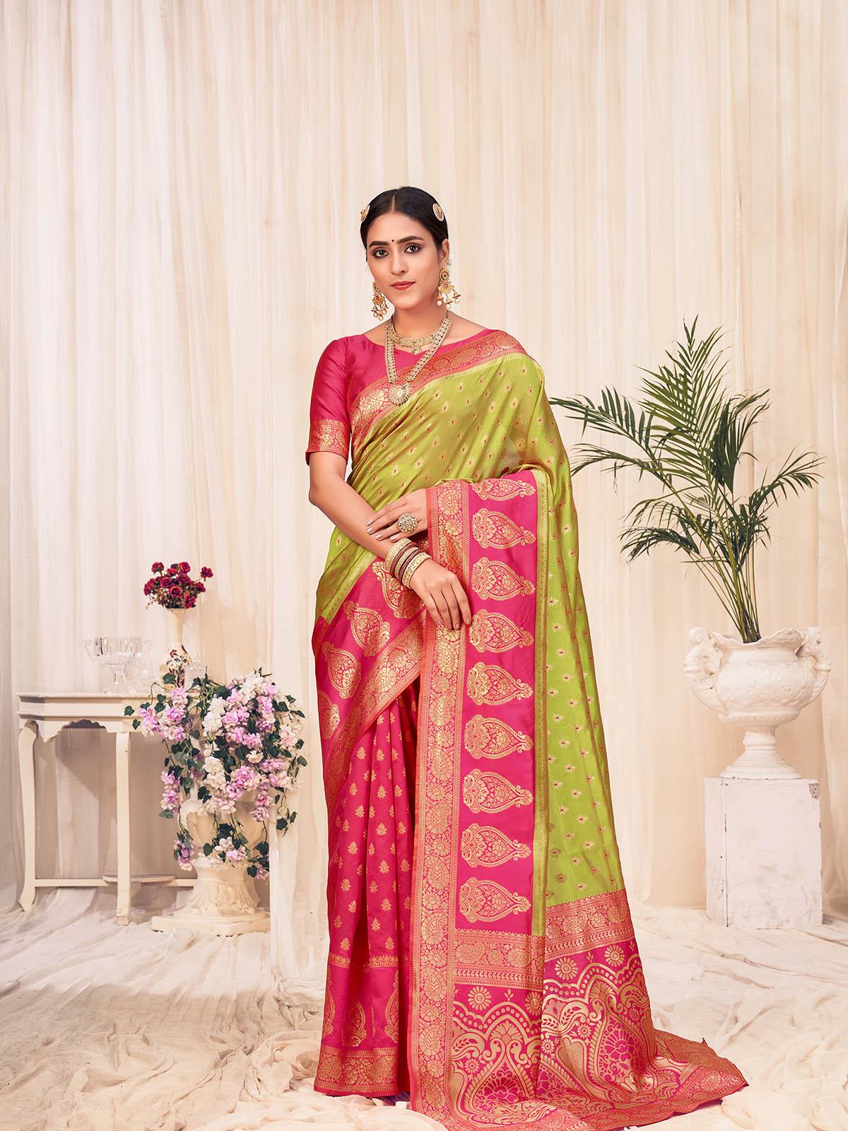 Woven Lime Green Banarasi Silk Saree - Rajwada