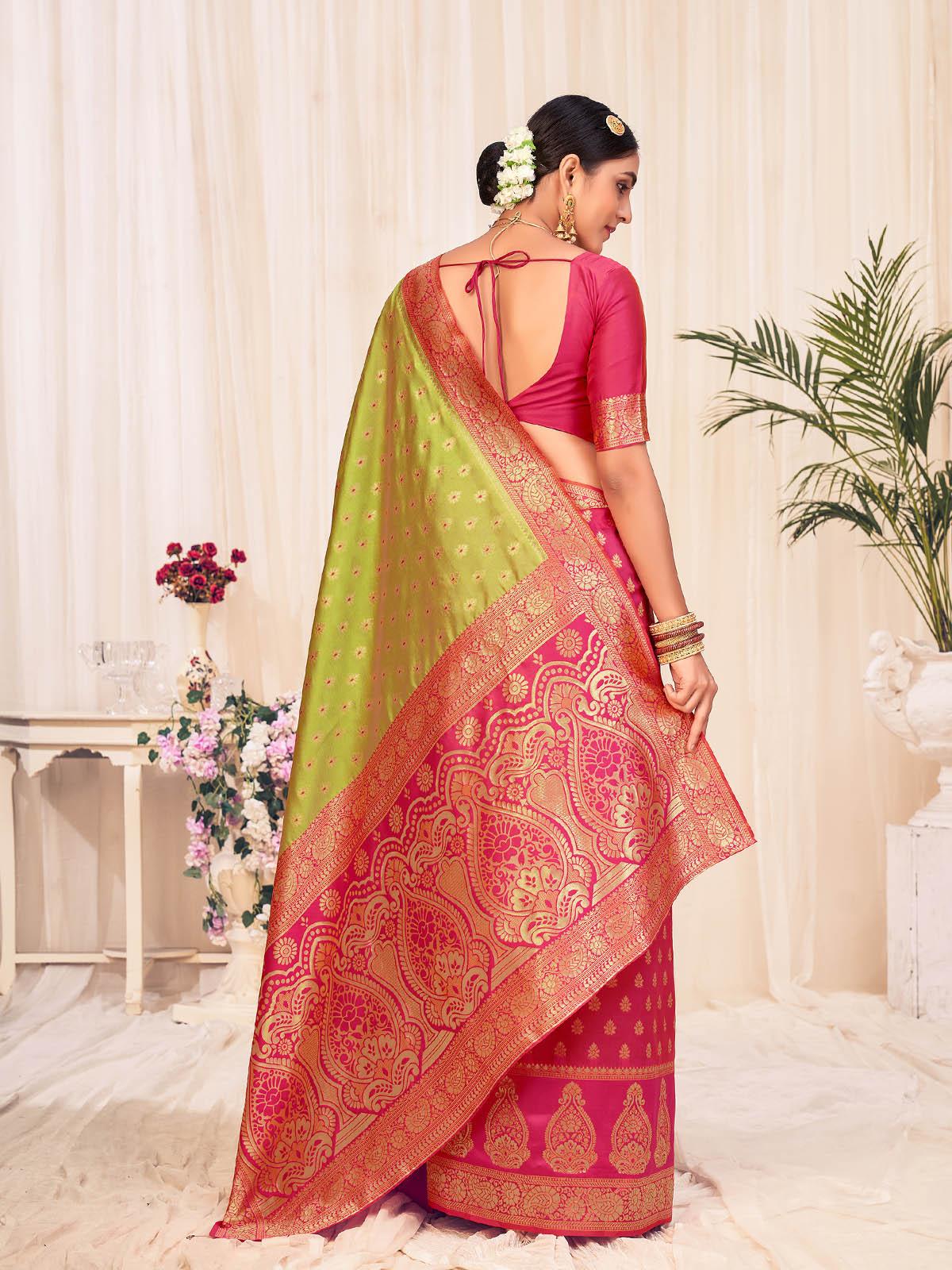 Woven Lime Green Banarasi Silk Saree - Rajwada