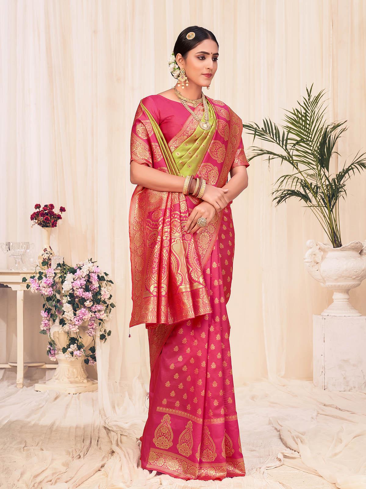Woven Lime Green Banarasi Silk Saree - Rajwada