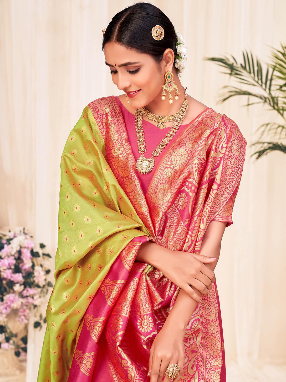 Woven Lime Green Banarasi Silk Saree - Rajwada