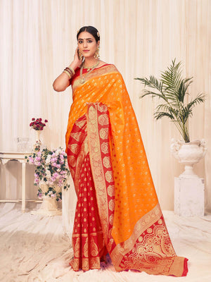 Woven Orange Colored Banarasi Silk Saree - Rajwada