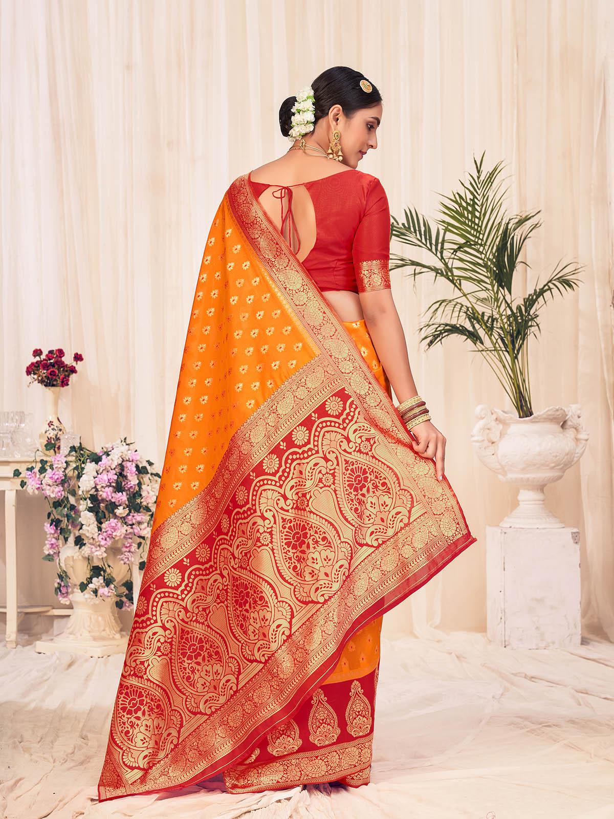 Woven Orange Colored Banarasi Silk Saree - Rajwada