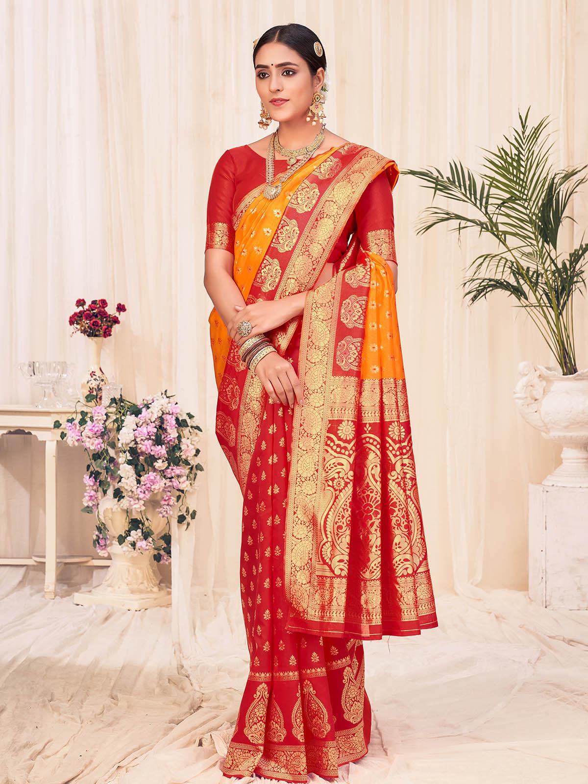Woven Orange Colored Banarasi Silk Saree - Rajwada