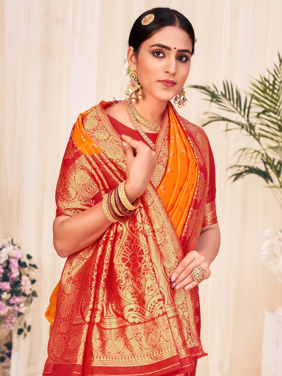 Woven Orange Colored Banarasi Silk Saree - Rajwada