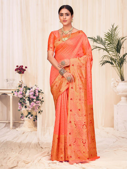 Woven Peach Colored Banarasi Silk Saree - Rajwada
