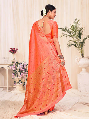 Woven Peach Colored Banarasi Silk Saree - Rajwada