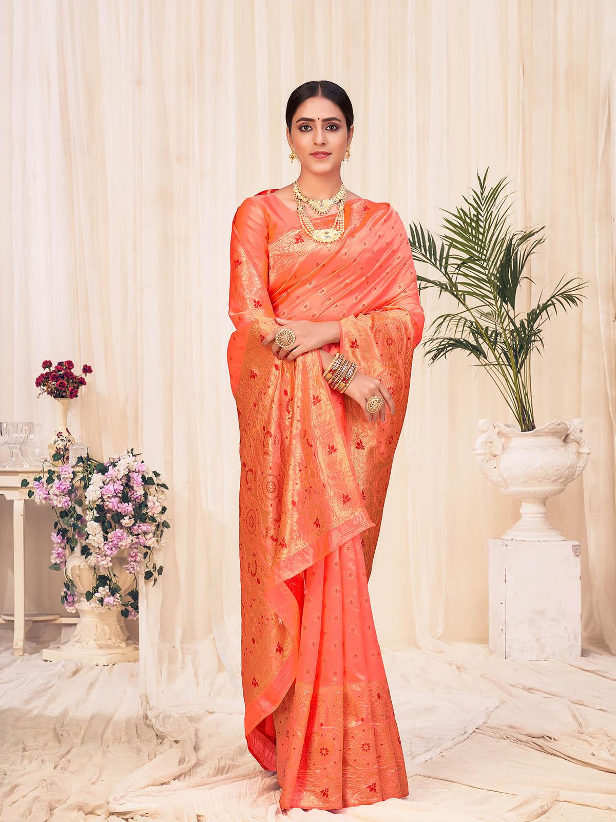 Woven Peach Colored Banarasi Silk Saree - Rajwada