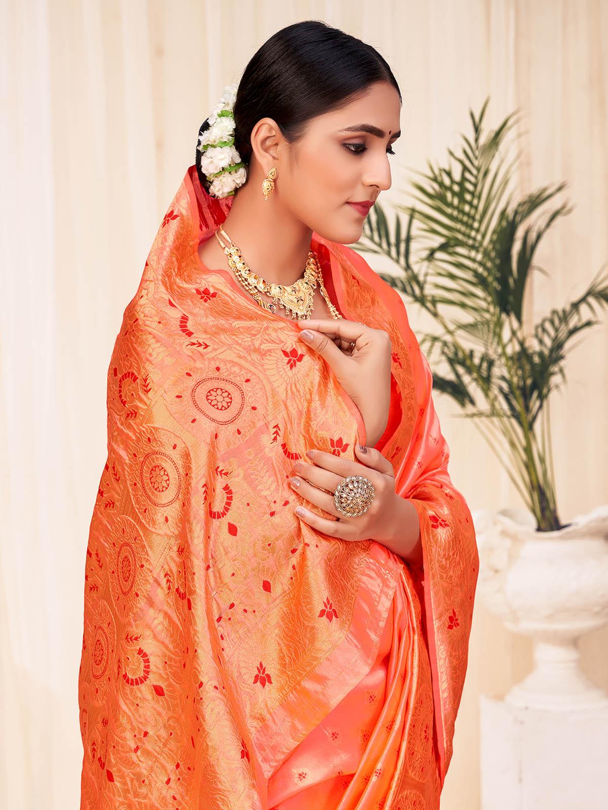 Woven Peach Colored Banarasi Silk Saree - Rajwada